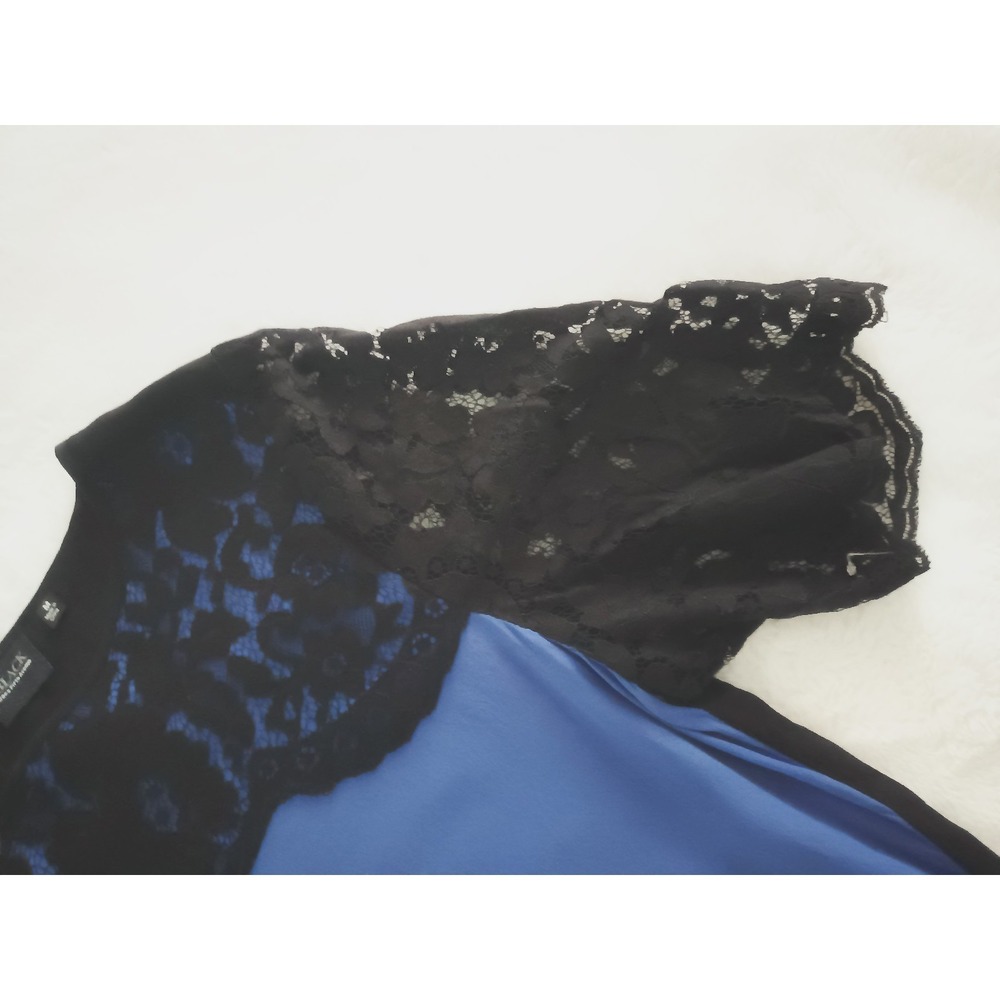 Saks Fifth Avenue Black Collection 100% Silk Blouse Blue Black Lace M - Picture 3 of 6